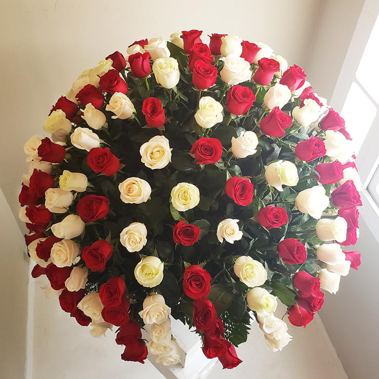 Arreglo Floral De 200 Rosas De Generosos Botones En Base De Talavera