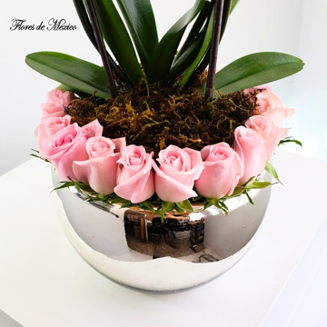 Elegante orquídea con rosas en base cromada - Image 2